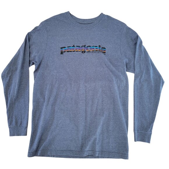 Patagonia Long Sleeve Spell Out Logo T Shirt Tee M Blue Retro - Picture 1 of 6
